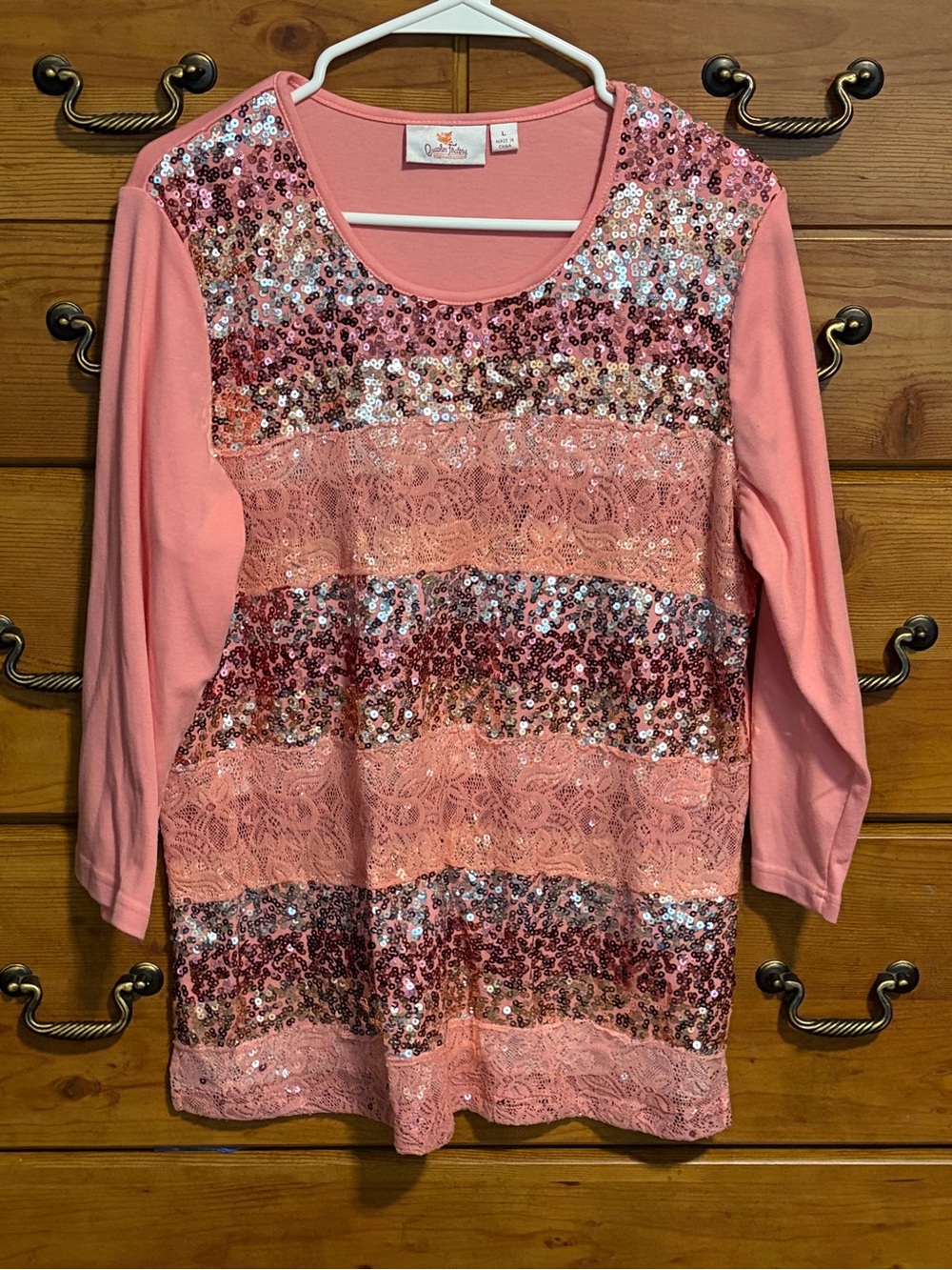 Quacker Factory Pink Sequin & Lace Stripe Scoop Neck Top